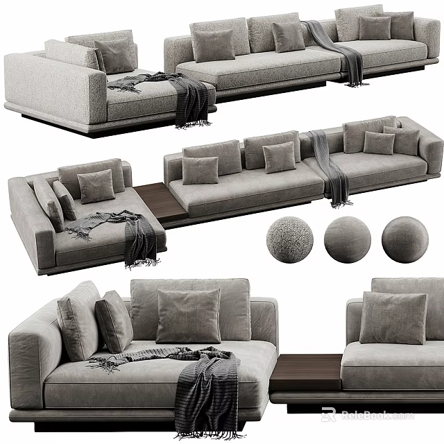 Gray Multi-person Sectional Sofa with Soft Pillows Throw Blanket and Spherical Decor 3d model 