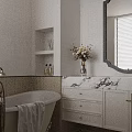 Modern Bathroom Interior With White Walls Black Framed Mirror Marble Countertop And Vase With Flowers