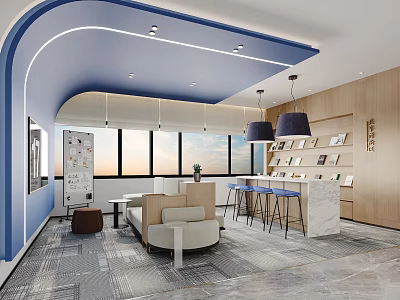 Modern Pantry Room with Curved Blue Ceiling Large Windows Wooden Shelves Sofa and Marble Bar 3d model