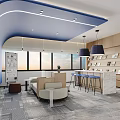 Modern Pantry Room with Curved Blue Ceiling Large Windows Wooden Shelves Sofa and Marble Bar