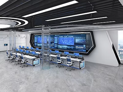 Modern High Tech Monitoring Room Interior With Multiple Screens Control Consoles And Workstations 3d model