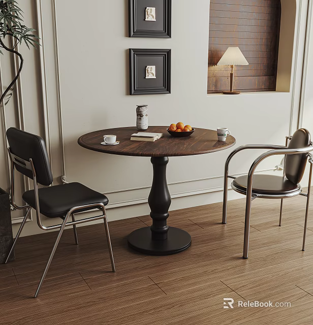 Round Dining Table Set With Wooden Tabletop Black Legs Leather Chairs Fruit Cups And Book 3d model 