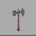Fantasy Battle Axe Weapon With Wooden Handle And Colorful Gemstone Inlays