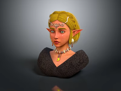 3D Fantasy Game Movie Character With Yellow Hair Elf Ears And Decorative Headpiece Necklace Earrings 3d model