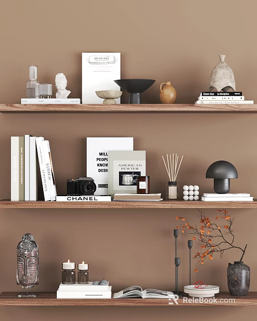 Modern Minimalist Decorative Ornament Combinations On Wooden Shelves With Statues Books Camera Lamp And Diffusers 3d model 
