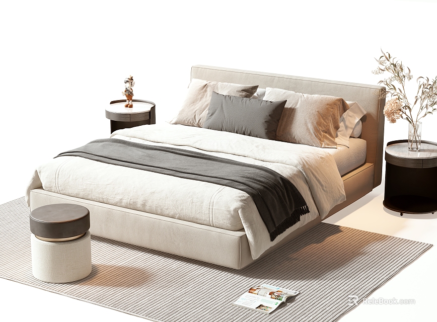 Modern Double Bed with Soft Pillows Cozy Blanket Bedside Tables Stool and Area Rug 3d model 