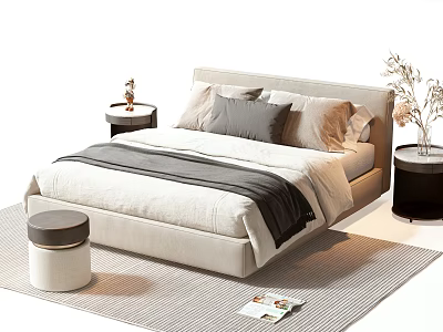 Modern Double Bed with Soft Pillows Cozy Blanket Bedside Tables Stool and Area Rug 3d model