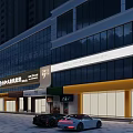 Modern Commercial Building Exterior With Glass Curtain Walls Storefronts And Parked Cars