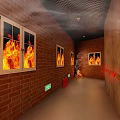 Fire Extinguishers And Safety Equipment In Emergency Exit Path With Smoke And Warning Tape