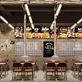 Modern Industrial Restaurant Interior With Long Tables Chairs Metal Pipe Ceiling And Wooden Partitions