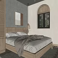 Cozy Hotel Room Interior With Wooden Vanity Mirror TV Arched Door Window and Bed