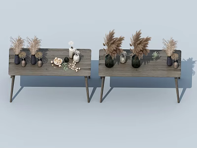 Minimalist Wooden Coffee Table With Dried Pampas Grass And Decorative Vases 3d model