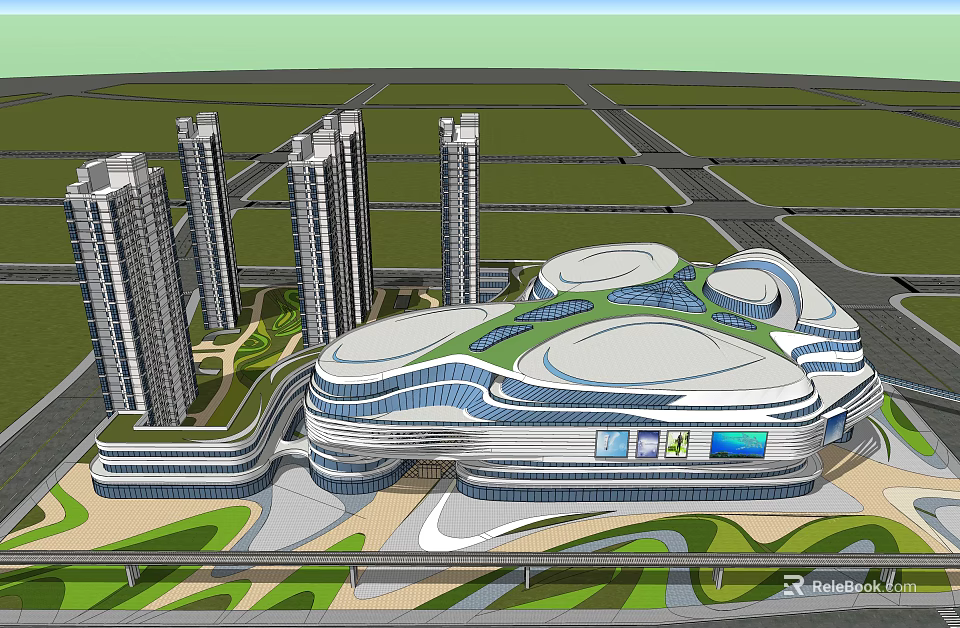 Modern Urban Architecture Complex With Skyscrapers And Curved Commercial Building 3d model 