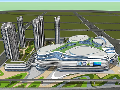 Modern Urban Architecture Complex With Skyscrapers And Curved Commercial Building 3d model
