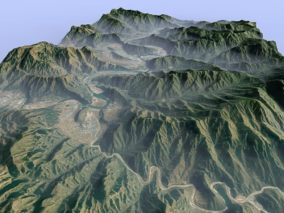Natural Garden Landscape With Rolling Mountain Ranges Winding Roads And Lush Valleys 3d model