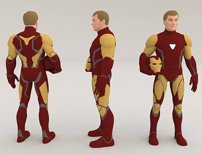 Man in Red and Yellow Iron Man Suit Displayed from Different Angles Holding Helmet 3d model