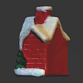 Red Christmas House Decoration With Snow Covered Roof Green Wreath Santa Claus And Tree