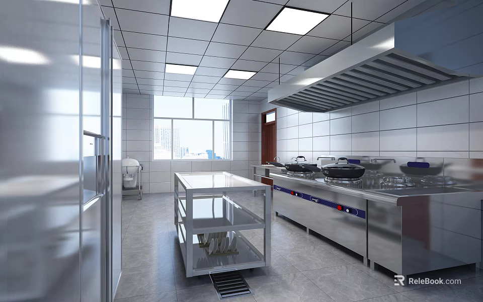 Stainless Steel Commercial Kitchen Interior With Worktables Range Hoods Tile Walls And Windows 3d model 