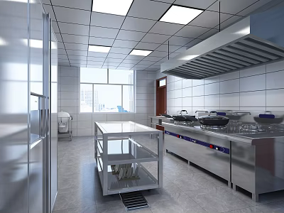 Stainless Steel Commercial Kitchen Interior With Worktables Range Hoods Tile Walls And Windows 3d model
