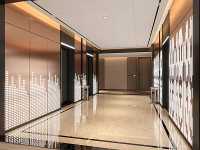 Modern Elevator Lobby Interior With Metallic Panel Walls LED Light Patterns And Polished Marble Floor 3d model