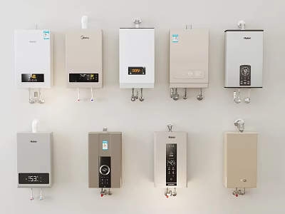 Various Gas Water Heaters Displayed On Wall 3d model