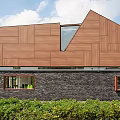 Modern Detached Villa Exterior With Wooden Facade Stone Wall Sloped Roof And Large Windows