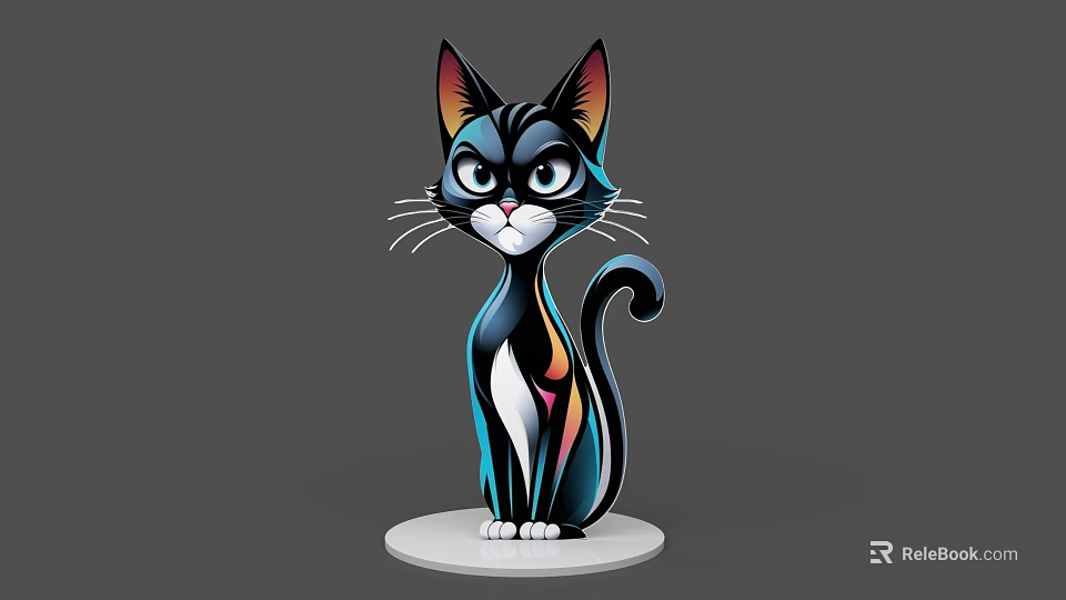 Stylish Cartoon Cat Figurine With Black Blue Rainbow Colors Standing On White Base 3d model 