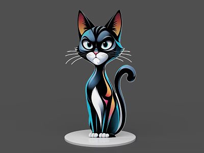 Stylish Cartoon Cat Figurine With Black Blue Rainbow Colors Standing On White Base 3d model