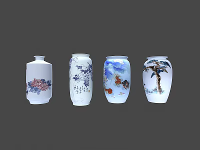 Decorative Traditional Ceramic Vases With Colorful Floral Fish Tree Patterns Set of Four 3d model