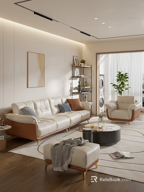 Modern Living Room Interior Design With White Leather Sofa Armchair And Round Coffee Table 3d model 