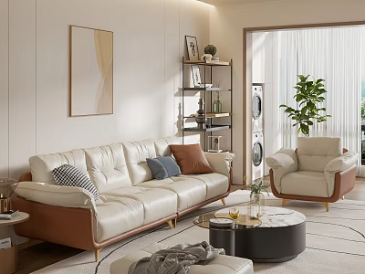 Modern Living Room Interior Design With White Leather Sofa Armchair And Round Coffee Table 3d model