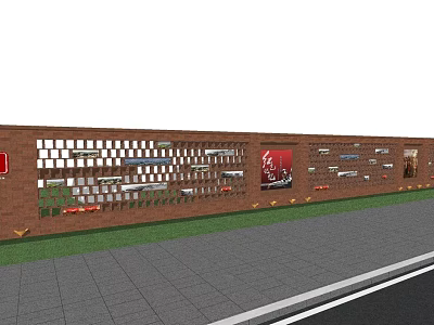 Outdoor Brick Wall With Various Advertisement Posters Along Street Sidewalk And Green Grass 3d model