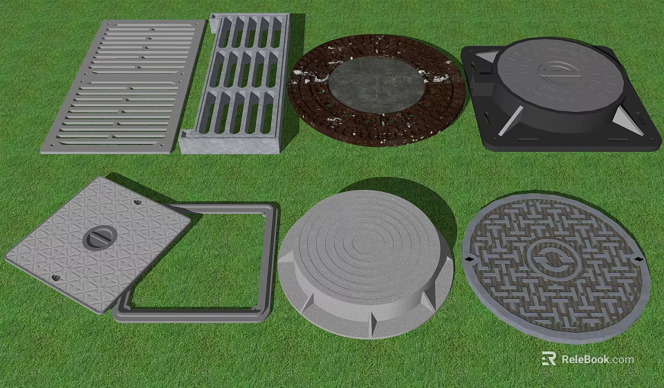 Different Types Of Road Facilities With Manhole Covers Drain Grates And Various Designs 3d model 