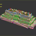 Cartoon Style Stepped Building Scene with Green Rooftop Gardens Balconies and Architectural Details