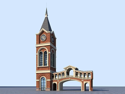 Red Brick Clock Tower With Steeple And Arched Bridge Architectural Design 3d model