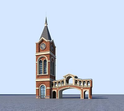 Red Brick Clock Tower With Steeple And Arched Bridge Architectural Design 3d model