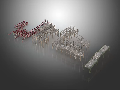 Various Landscape Structural Components With Curved Straight And Red Metal Frames 3d model