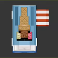Blue And White Ice Cream Truck With Red White Striped Awning And Waffles On Top