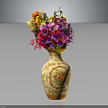 Vibrant Assorted Flowers Placed In Decorative Vase With Yellow Gold Floral Patterns