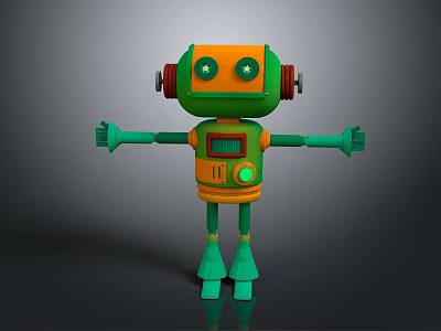 Cartoon Orange Green Robot with Round Head Eyes Control Panel and Extended Arms Legs 3d model