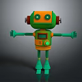 Cartoon Orange Green Robot with Round Head Eyes Control Panel and Extended Arms Legs