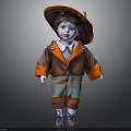 Childrens Vintage Doll With Large Hat Brown Orange Coat Green Plaid Shorts And Purple Shoes