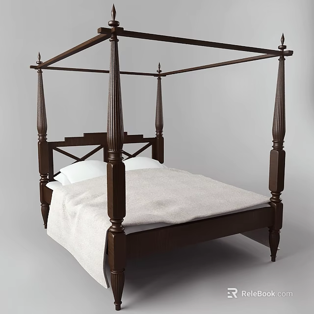 Four Poster Double Bed with Dark Brown Wooden Frame Classic Headboard Light Colored Sheets Pillows 3d model 