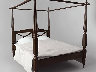 Four Poster Double Bed with Dark Brown Wooden Frame Classic Headboard Light Colored Sheets Pillows 3d model