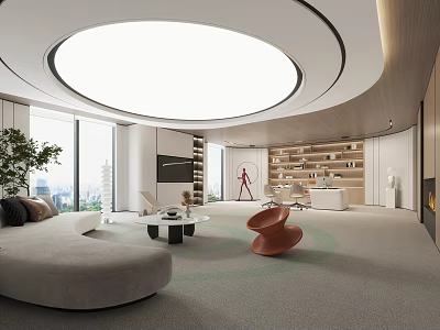 Modern Office Interior With Round Ceiling Light Sofa Bookshelves And Floor To Ceiling Windows 3d model