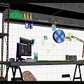 Organized Modern Desk Setup With Computer Monitor Desk Lamp Sticky Notes And Tiled Wall
