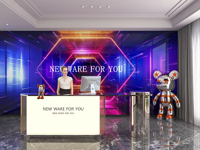 Shop Front Desk With Modern Neon Hexagon Design New Ware Signage Computer And Robot Decor On Marble Floor 3d model