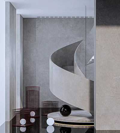 Sleek Modern Spiral Staircase With Curved Concrete Design In Minimalist Interior Space 3d model