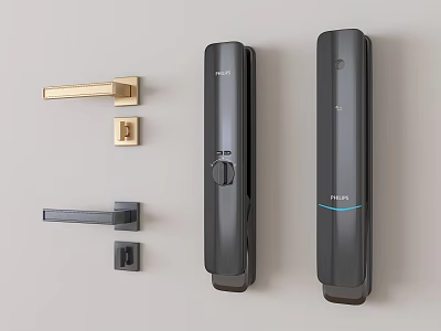 Modern Door Handles Featuring Gold Black And Smart Lock Designs On Wall 3d model