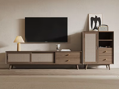 Minimalist Wooden TV Stand With Rattan Panels Storage Cabinet And Table Lamp 3d model